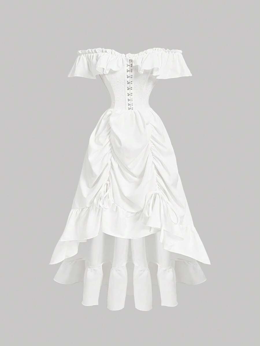 SHEIN MOD 女式白色复古露肩长裙、女式西部装、乡村装、哥特装、波西米亚风连衣裙、仙女风、女式巡航装、女式复古连衣裙、紧身胸衣裙 - 白色 - 查看 1