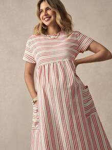 SHEIN Boho Maternity Patch Pocket Striped Dress - Red - View 1