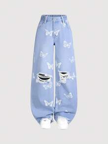 Tween Girl'' Casual Fashion Butterfly Print Ripped Washed Denim Straight Jeans,Holiday,Summer,Travel - Medium Wash - View 9