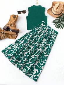 SHEIN Clasi 2 件套女士无袖纯色立领上衣和裙子 - 墨綠色 - 查看 2