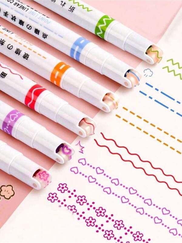 6pcs Highlighter Pen Notebook Curve Pen Roller Flower Pen Double-Head Printing Contour Pen Creative Wave Flower Ball Pen Back To School