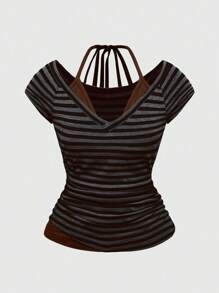 ROMWE Grunge Punk 女士性感 Y2K 二合一 V 领条纹拼色蝴蝶结 T 恤，夏季