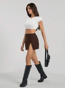 SHEIN Tall Váy mini trơn màu xẻ tà bên hông cho nữ - màu nâu - Xem 3