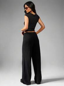 MISSGUIDED Waffle Knit Two-Piece Loungewear Set Wide Leg Pants Crop Top Matching Co-Ord Comfortable Ribbed Texture Casual Summer Spring Fall Outfit - Black - View 2