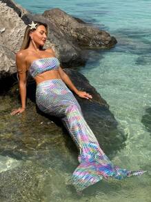 SHEIN Swim Vcay Women's Fish Scale Print Bandeau Bikini Top With Ruffled Hem Skirt Swimsuit Set - Multicolor - View 6