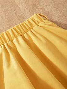 Set de 2 piezas para niñas con camisa de manga corta con cuello, contraste de malla, bordado y falda con cintura elástica y volantes, elegante moda para primavera/verano - Amarillo - Ver 8