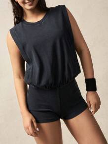 VARSITIE Einfarbiger ärmelloser Jumpsuit mit rundem Ausschnitt und offenem Rücken für den Sommer, Sportbekleidung