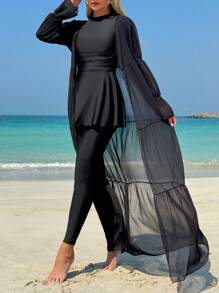 Swim Lushoire 1pc Women Black Chiffon Puff Long Sleeve Elegant Kimono Cover Up For Summer Beach Vacation