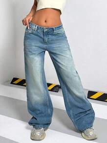 EURMUSE 低腰洗水阔腿牛仔裤