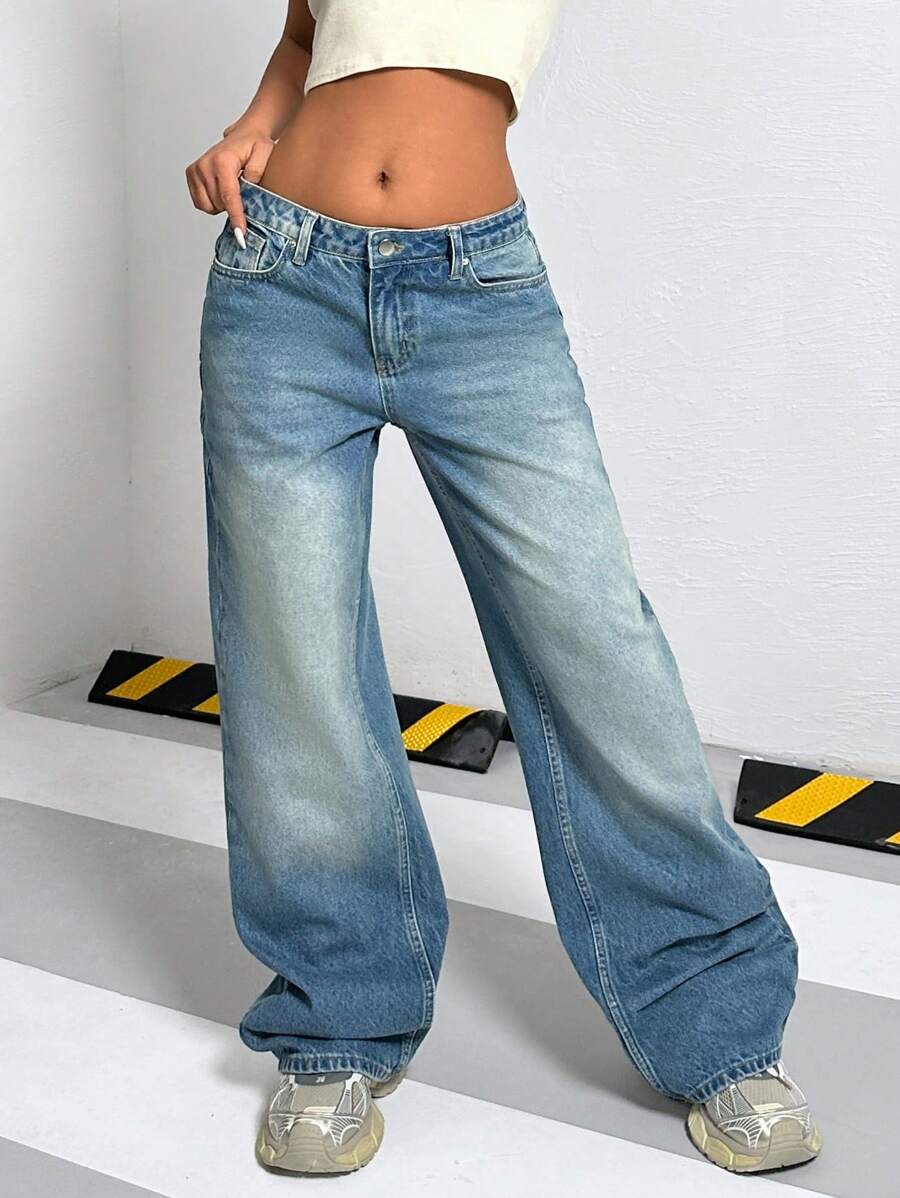 EURMUSE 低腰洗水阔腿牛仔裤