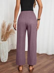 SHEIN LUNE Women Denim Effect Solid Color Pocket Side Ruffle Casual Pants For New Year Clothes Fall Cloth For Women - Dusty Purple - View 2