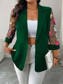 SHEIN Clasi 大码女式西装外套，热销透明提花网眼布拼布，腰部略微贴身，前开式纽扣开合，简约百搭时尚，常规肩部，3/4 袖，春夏。适合元旦、音乐节、情人节、感恩节、圣诞节、万圣节等节日