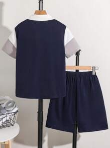 2 Packs Tween Boy Casual Sports College Artistic Style Retro Back With Letter Pattern Stitching Lapel Shirt And Shorts Set Suitable For Kids Outfits Toddler Boy Clothes Back To School Boys Set Suitable For Birthday Parties, Evening Parties, Performances, Weddings, Baptisms, Opening Ceremonies Daily Suitable For Daily Use Suitable For School Suitable For Travel Suitable For Sports Suitable For Spring And Summer Seasons - Blue - View 6