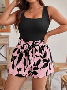 SHEIN Frenchy Plus Size Casual Vacation Style Solid Color Square Neck Tank Top And Printed Tie-Waist Shorts Set - Pink - View 4