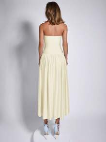 COSMINA 优雅褶饰蓝色中长无袖连衣裙，春夏款 - 杏色 - 查看 2