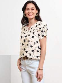 Miaspire Polka Dot & Heart Print Puff Sleeve Keyhole Neck Blouse - Black and White - View 4