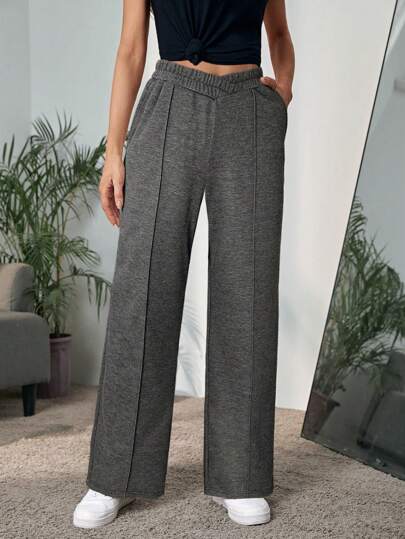 SHEIN LUNE 纯色松紧腰直腿运动裤适合日常穿着，秋季