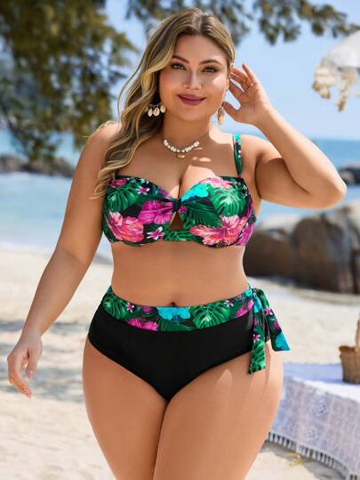 Swim Lushoire Plus Size Women 2pcs/Set Random Tropical Plant Print Asymmetrical Ruffle Top & High Waist Triangle Bikini Set, Simple Vacation & Daily Swimsuit For Summer