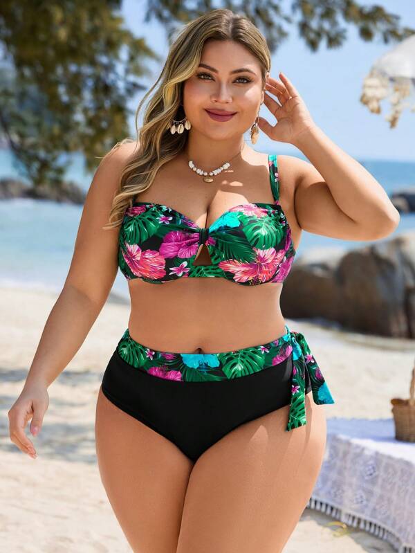 Swim Lushoire Plus Size Women 2pcs/Set Random Tropical Plant Print Asymmetrical Ruffle Top & High Waist Triangle Bikini Set, Simple Vacation & Daily Swimsuit For Summer