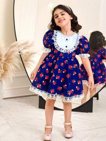 SHEIN DRMZ 年轻女孩编织花卉泡泡袖蕾丝修身 A 字下摆连衣裙，斋月装饰，斋月，适合女孩日常穿着、节日、家庭聚会和特殊场合，