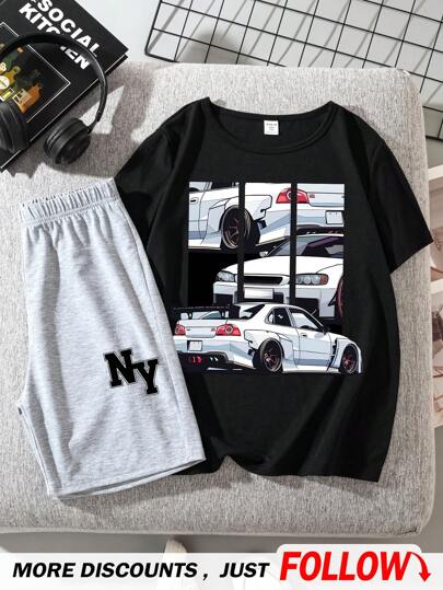 SHEIN Traje de verano informal para niño preadolescente con camiseta de manga corta con cuello redondo y diseño de coche simple y pantalones cortos con estampado de letras