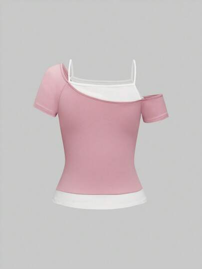 Fairycore t-shirt skinny 2 en 1 style oblique pour femme avec décorations de strass de style vintage de la croix de la vigne Y2K