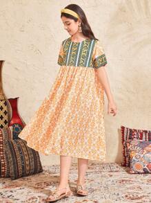 SHEIN Tween Girls Patchwork Round Neck Short Sleeve Dress - White - View 4