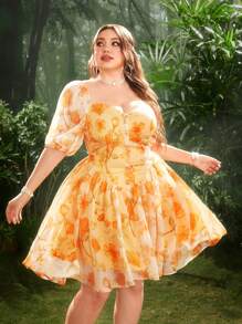 Flirla Plus Size Vintage Floral Chiffon Puff Sleeve Dress, Romantic Style For Spring/Summer - Orange - View 6