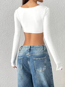SHEIN EZwear Women's Sexy Solid Color Ruched Long Sleeve Cropped Top, Spring/Summer,Rave Top - White - View 2