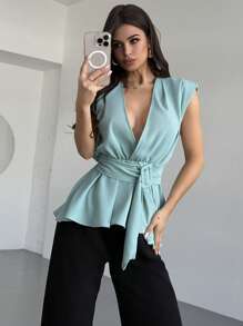 Firerie Women's Elegant Mint Green Summer Solid Color Ruched Waist Metal Buckle Bodycon Blouse,Minimalist Brunch Business Casual Shirt For Work,Daily,Wedding - Mint Green - View 6