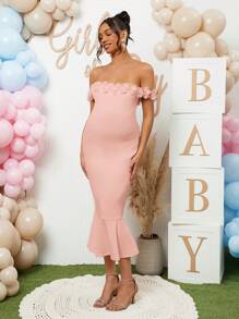 Loomaby Off-Shoulder Floral 3D Maternity Dress For Gender Reveal Baby Shower Party