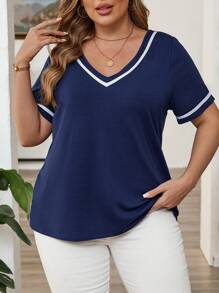 EMERY ROSE Große Größen V-Ausschnitt Kurzarm T-Shirt, einfach & modisch, geeignet für Sommer, Sommer für Frauen, Rave, Easter Curve, Country Konzert