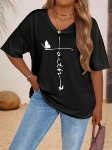 EMERY ROSE Koszulka damska Faith Butterfly Printed Outdoor Sports w kolorze czarnym, wiosenno-letnia, swobodna, dekolt w serek, krótki rękaw, idealna do domu i na zewnątrz - Wielokolorowe - Zobacz 1