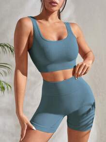 Seamluxe SHEIN Sport 2pcs Seamless Yoga Set Sports Suit Ribbed Knit Tank Wide Waistband Tummy Control Shorts Workout Women Set Gym Women Outfit
