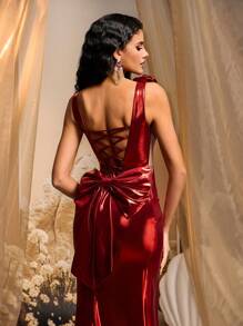 Glamrae Elegant Red Glossy Coated Deep V-Neck Front Pleating Shoulder Floral Waist Mesh Sheer Side High Slit Open Back Removable Bow Fishtail Train Formal Evening Gown - Red - View 5