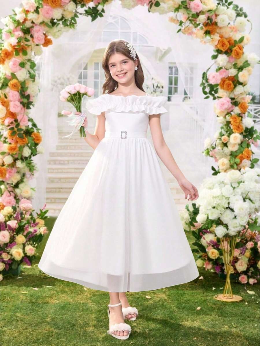 SHEIN Young Girls' White Pearl & Chiffon Patchwork Knit Slip Dress Wedding Guest Dress Kids Teens Dresses Girls - White - View 1