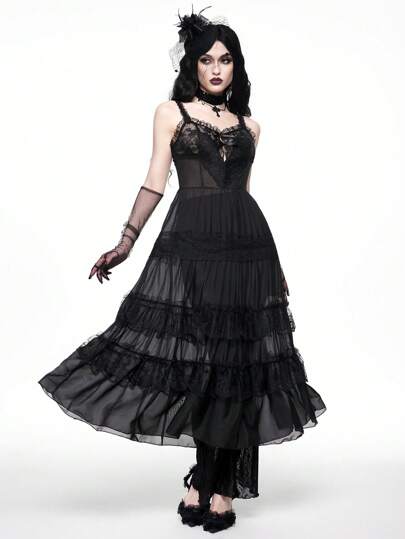 Halloween Gothic Lace Trim Bow Detail Camisole Dress, Form-Fitting A-Line Midi Dress For Women