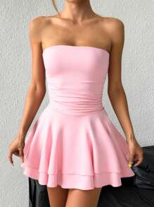 SHEIN Unity Leopard Print Sexy Bandeau Short Dress With Layered Ruffle Skirt - Pink - View 4