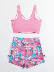 少女热带植物印花交叉设计分体泳衣套装，休闲度假装 - 粉色 - 查看 2
