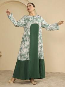 Graceveil Plus Size Women's Unique Design Patchwork Random Pattern Print Arabic Style Long Dress - Dark Green - View 6