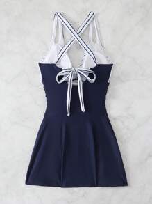 Swim Lushoire Traje de baño de una pieza con estampado floral elegante para mujer, bañador de vacaciones azul marino - Azul Marino - Ver 2