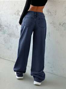 EURMUSE Women's Casual Washed Low-Waist Straight Leg Jeans - Dark Wash - View 2