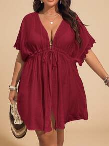 SHEIN VCAY Plus Size Solid Color Short Sleeve Mesh Simple Fashion Kimono, Suitable For Summer - Burgundy - View 4