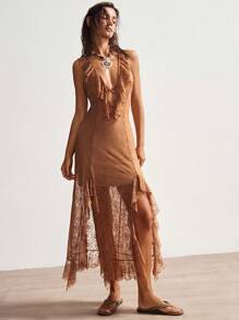 Bohemela 夏季度假休闲海滩纯色针织蕾丝荷叶边开衩中长连衣裙 - 橘色 - 查看 5