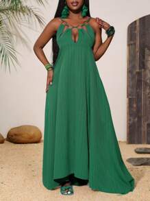 Slaydiva New Spring And Summer Casual Holiday Sling Ring Decoration Hollow Asymmetric Hem Loose And Elegant Long Skirt Green Striped Woven Women's Maxi Dress-B