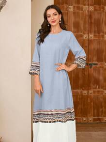 Al Najma Round Neck Patchwork Floral Retro Print Colorblock Women Dress, Spring/Summer - Baby Blue - View 5