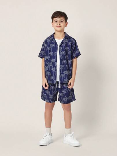 SUMWON 夏季棕榈印花配套衬衫和短裤套装海滩度假两件套轻便透气休闲度假沙滩装热带海岛度假装套装