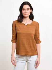 Miaspire Mulheres verão casual cor sólida texturizada plissada Camisa - Castanho - Visão 6