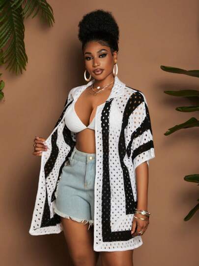 Maweii Plus Size Women Black & White Striped Hollow Out Loose Casual 3/4 Sleeve Knit Cardigan