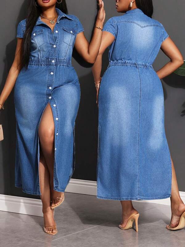SHEIN Lady Plus Size Fitted Denim Long Dress, Casual, Blue Women Maxi Dresses Summer Outfits For Women Vacation Outfits Woman Wedding Guest Dress Women Dresses For Women Elegant Denim Dress Business Casual Woman Cowgirl Outfits For Women Concert Outfit Women